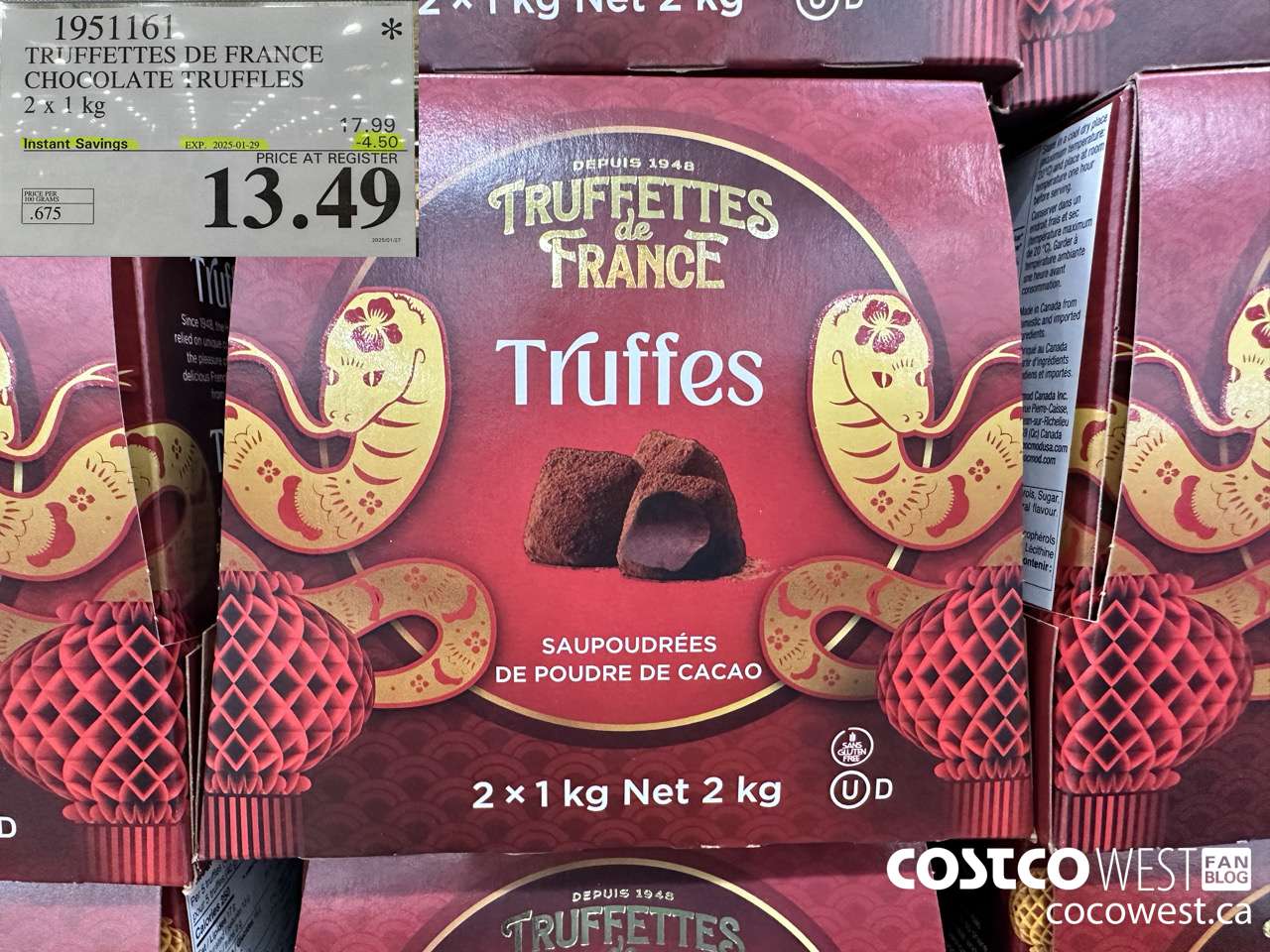 1951161 TRUFFETTES DE FRANCE CHOCOLATE TRUFFLES 2 X 1 KG ($4.50 INSTANT SAVINGS EXPIRES ON 2025-01-29) $13.49
