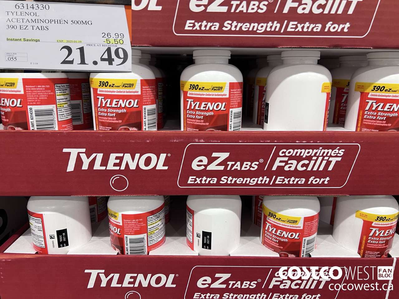 6314330 TYLENOL ACETAMINOPHEN 500MG 390 EZ TABS ($5.50 INSTANT SAVINGS EXPIRES ON 2025-01-19) $21.49