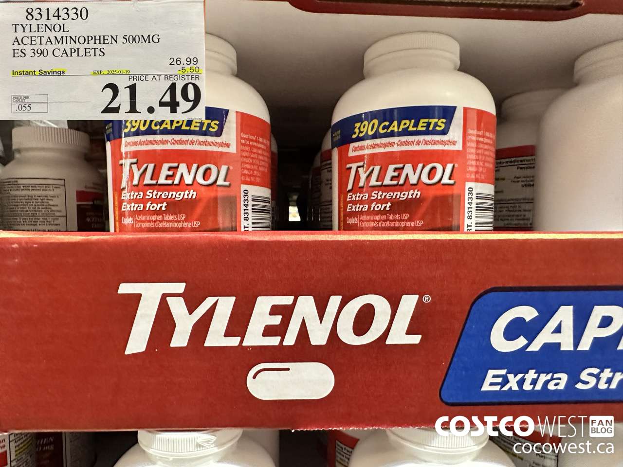 8314330 TYLENOL ACETAMINOPHEN 500MG ES 390 CAPLETS ($5.50 INSTANT SAVINGS EXPIRES ON 2025-01-19) $21.49