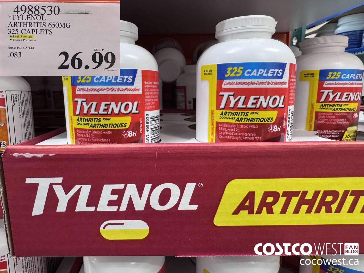 4988530 TYLENOL ARTHRITIS 650MG 325 CAPLETS $26.99