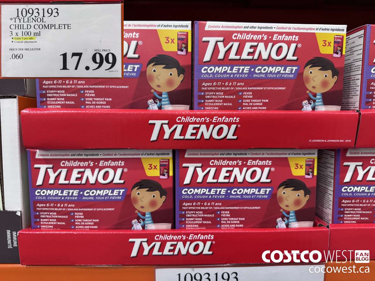 1093193 TYLENOL CHILD COMPLETE 3 X 100 ML $17.99