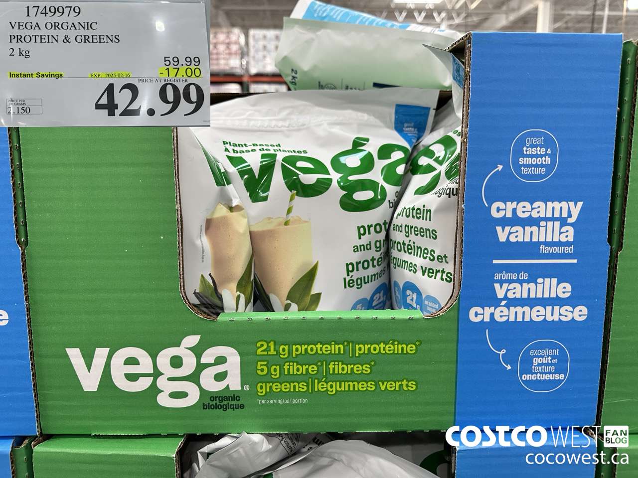 1749979 VEGA ORGANIC PROTEIN & GREENS 2 KG ($17.00 INSTANT SAVINGS EXPIRES ON 2025-02-16) $42.99