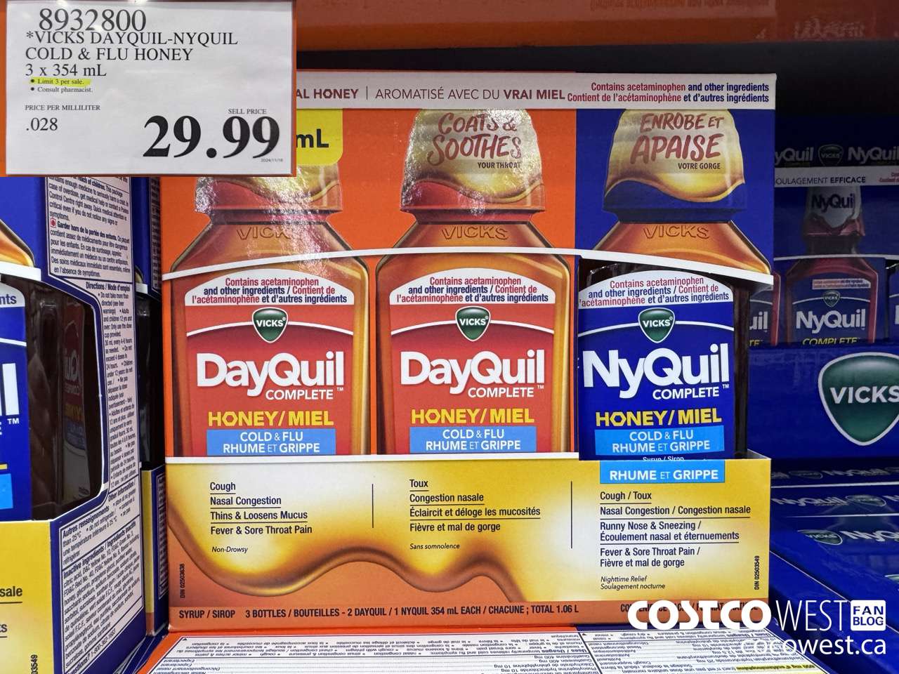 8932800 VICKS DAYQUIIL-NYQUIL COLD & FLU HONEY 3 X 354ML $29.99