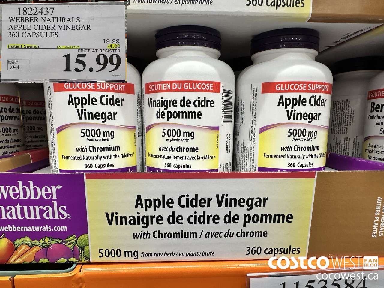 1822437 WEBBER NATURALS APPLE CIDER VINEGAR 360 CAPSULES ($4.00 INSTANT SAVINGS EXPIRES ON 2025-02-02) $15.99