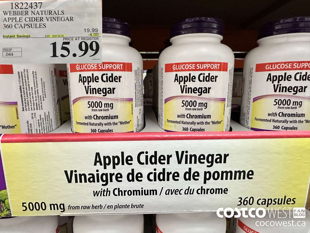 1822437 WEBBER NATURALS APPLE CIDER VINEGAR 360 CAPSULES ($4.00 INSTANT SAVINGS EXPIRES ON 2025-02-02) $15.99