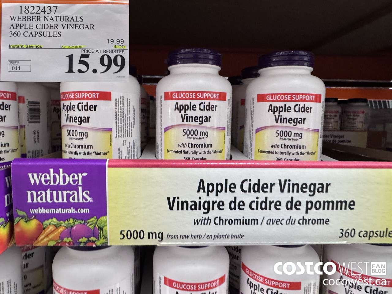1822437 WEBBER NATURALS APPLE CIDER VINEGAR 360 CAPSULES ($4.00 INSTANT SAVINGS EXPIRES ON 2025-02-02) $15.99