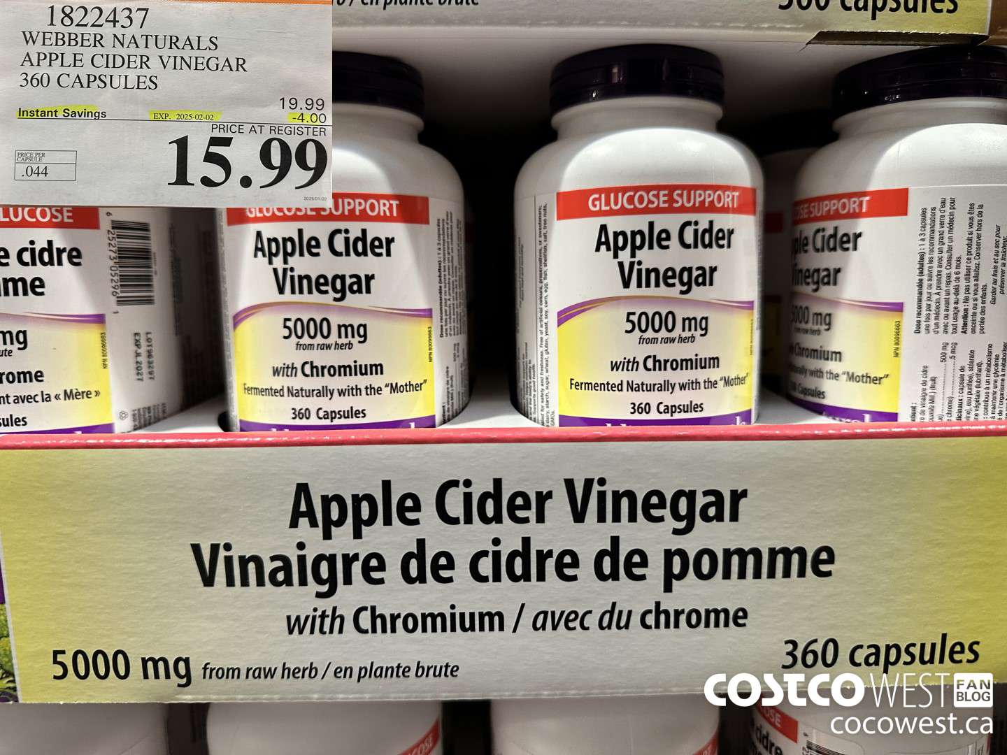 1822437 WEBBER NATURALS APPLE CIDER VINEGAR 360 CAPSULES ($4.00 INSTANT SAVINGS EXPIRES ON 2025-02-02) $15.99