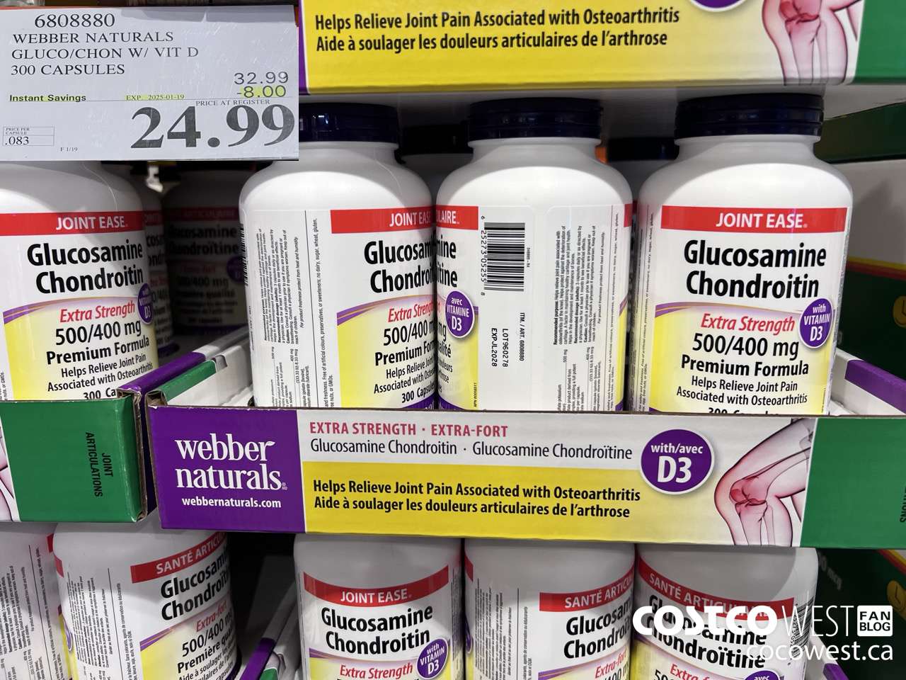 6808880 WEBBER NATURALS GLUCO/CHON 500/400 MG W/VIT D 300 CAPSULES ($8.00 INSTANT SAVINGS EXPIRES ON 2025-01-19) $24.99