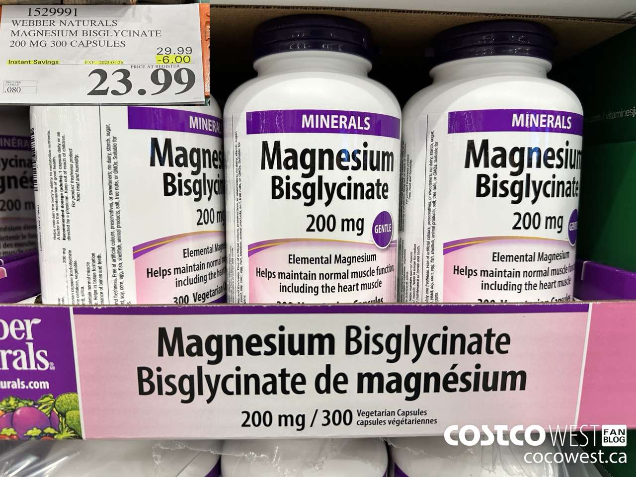 1529991 WEBBER NATURALS MAGNESIUM BISGLYCINATE 200MG 300 CAPSULES ($6.00 INSTANT SAVINGS EXPIRES ON 2025-01-26) $23.99