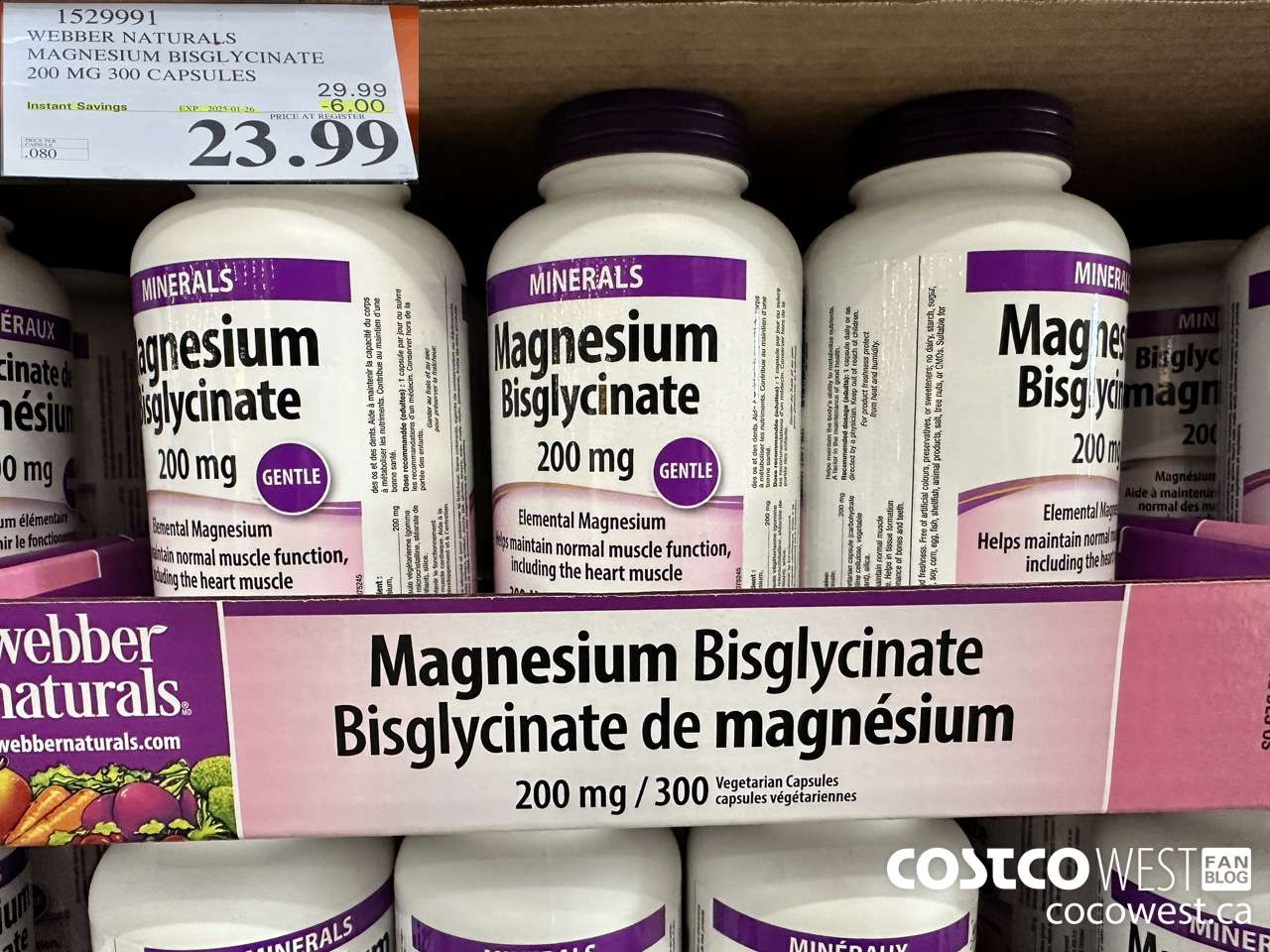 1529991 WEBBER NATURALS MAGNESIUM BISGLYCINATE 200MG 300 CAPSULES ($6.00 INSTANT SAVINGS EXPIRES ON 2025-01-26) $23.99
