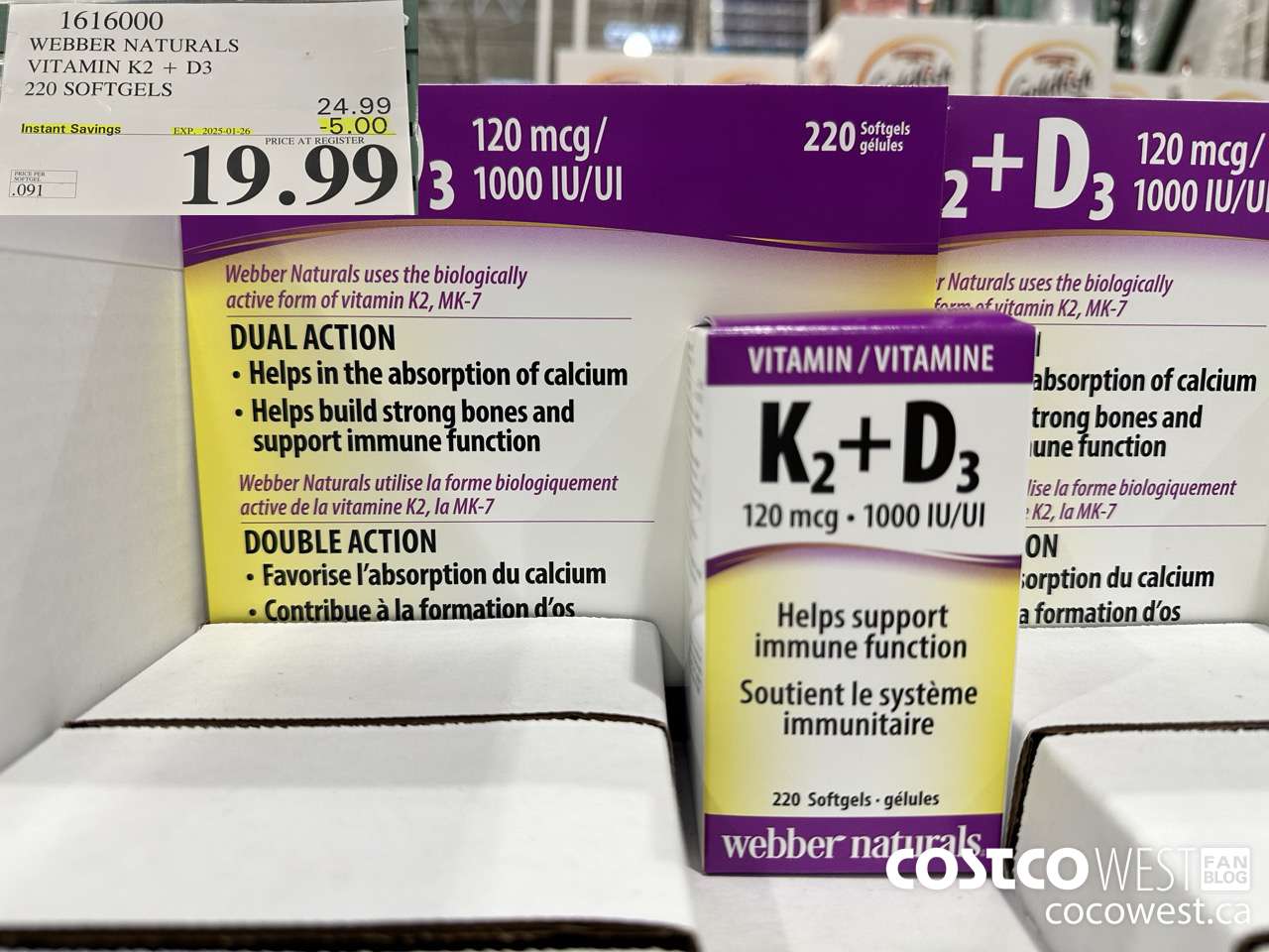 1616000 WEBBER NATURALS VITAMIN K2+D3 220 SOFTGELS ($5.00 INSTANT SAVINGS EXPIRES ON 2025-01-26) $19.99