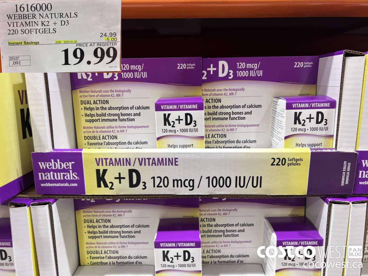 1616000 WEBBER NATURALS VITAMIN K2+D3 220 SOFTGELS ($5.00 INSTANT SAVINGS EXPIRES ON 2025-01-26) $19.99