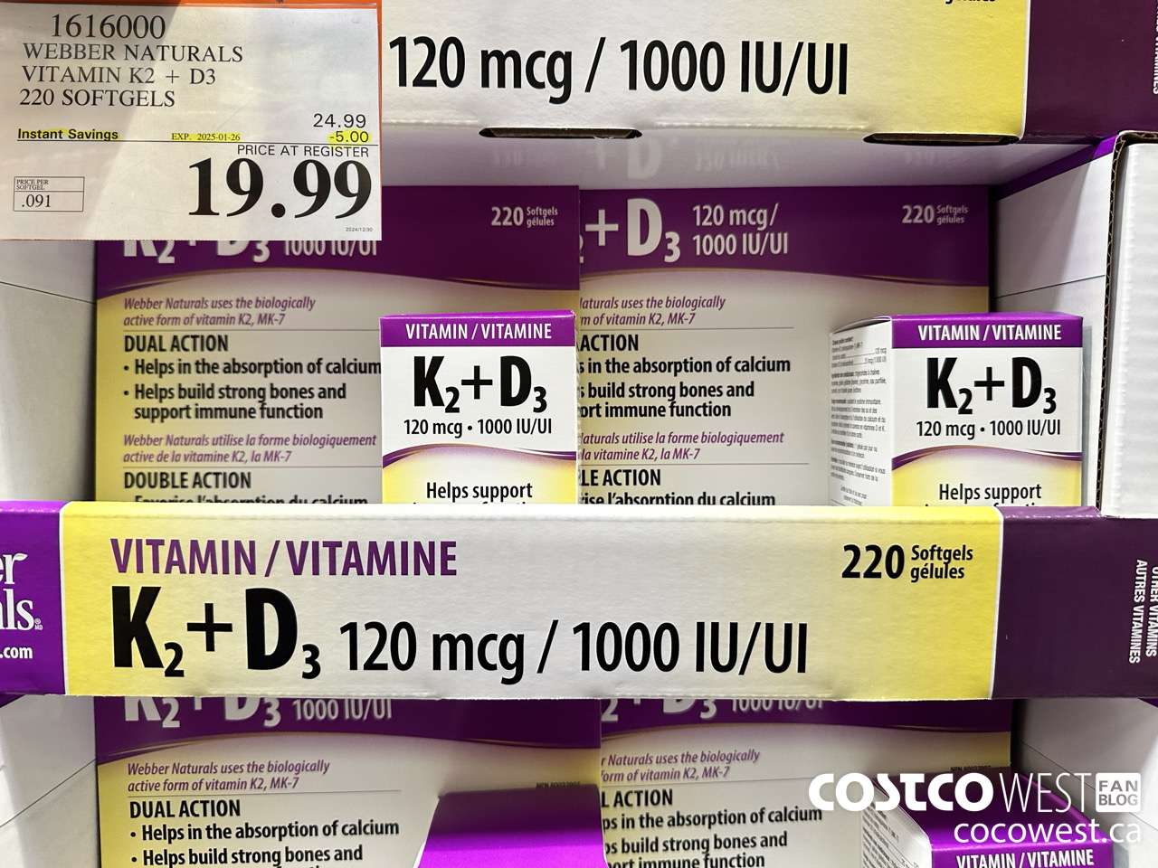 1616000 WEBBER NATURALS VITAMIN K2+D3 220 SOFTGELS ($5.00 INSTANT SAVINGS EXPIRES ON 2025-01-26) $19.99
