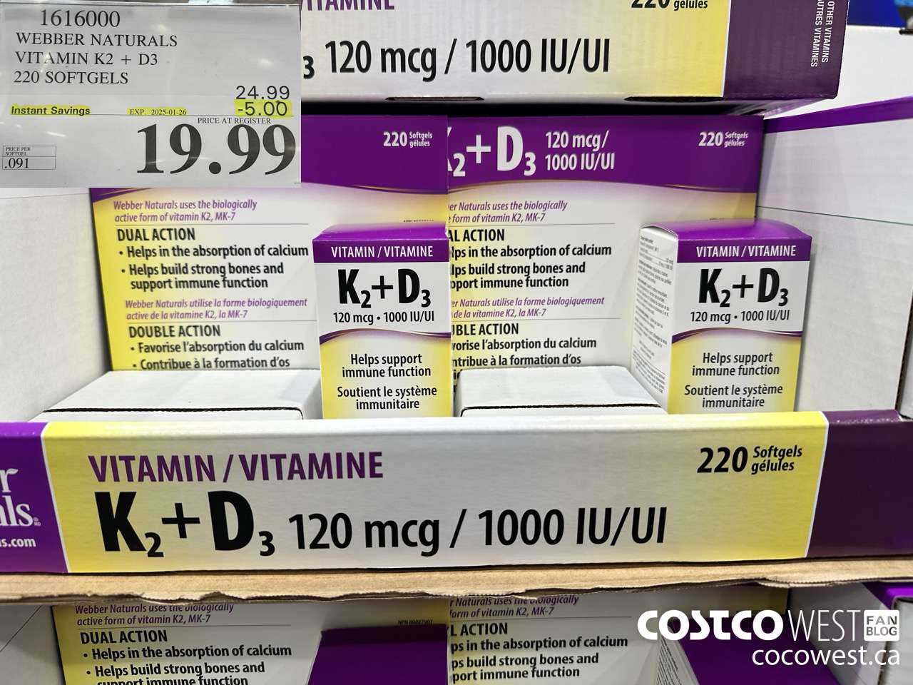 1616000 WEBBER NATURALS VITAMIN K2+D3 220 SOFTGELS ($5.00 INSTANT SAVINGS EXPIRES ON 2025-01-26) $19.99