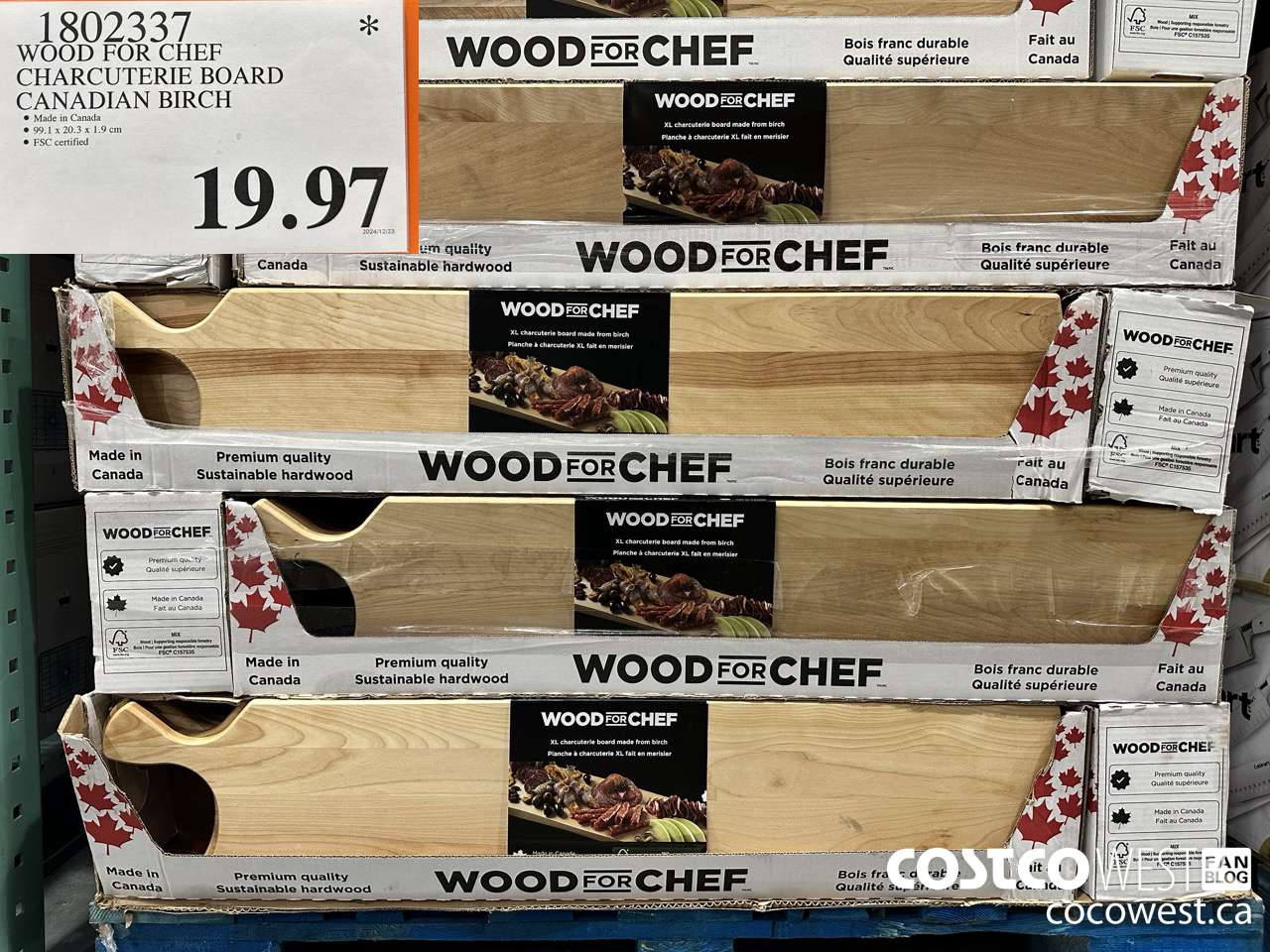 1802337 WOOD FOR CHEF CHARCUTERIE BOARD FSC CANADIAN BIRCH $19.97