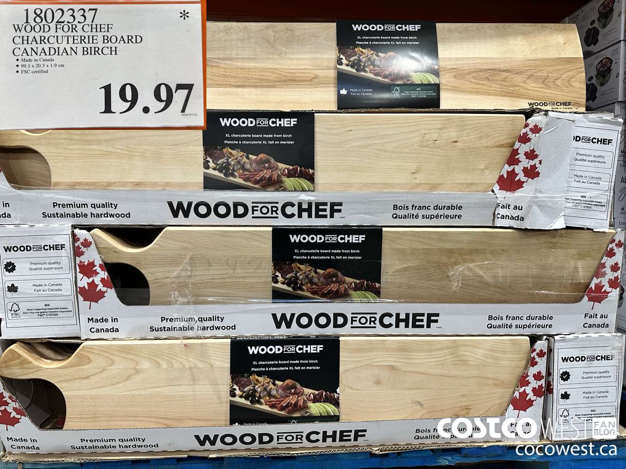 1802337 WOOD FOR CHEF CHARCUTERIE BOARD FSC CANADIAN BIRCH $19.97