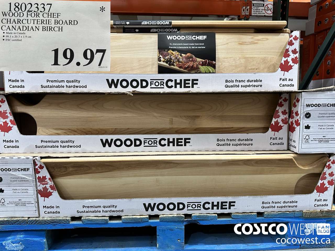 1802337 WOOD FOR CHEF CHARCUTERIE BOARD FSC CANADIAN BIRCH $19.97