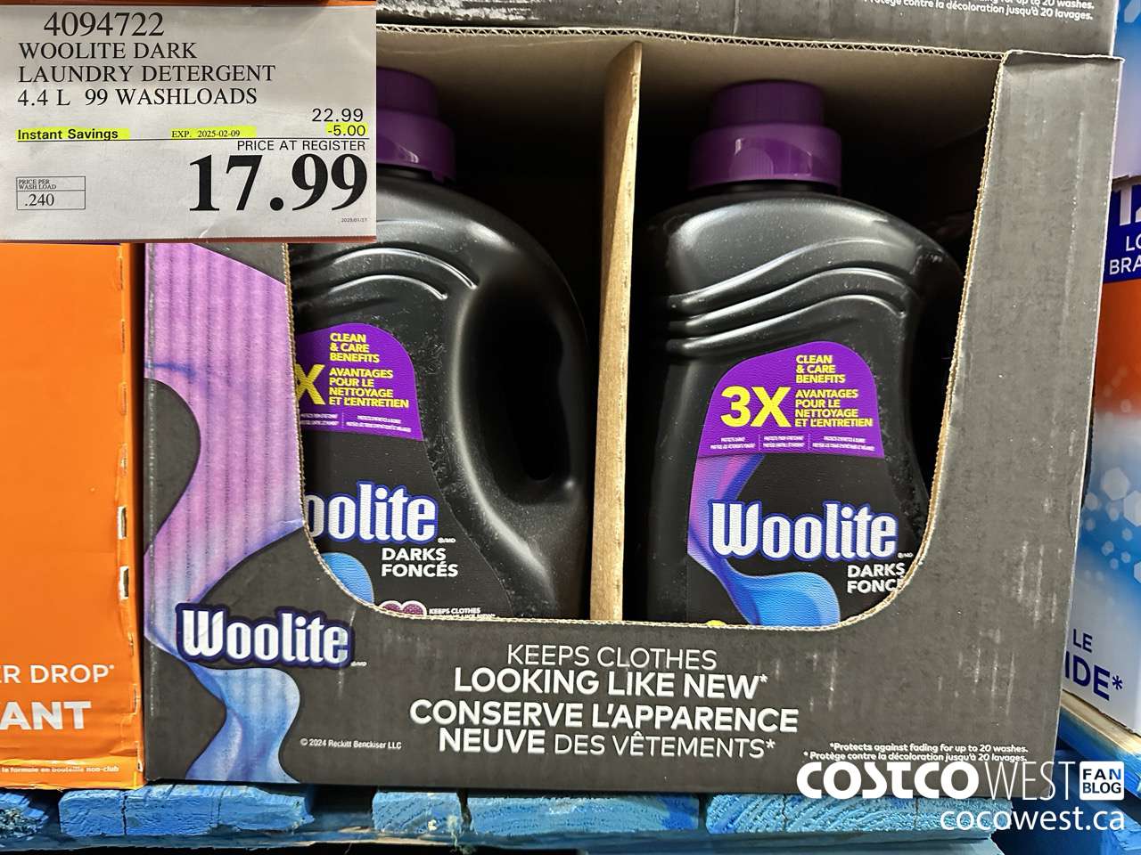 4094722 WOOLITE DARK LAUNDRY DETERGENT 4.4L 99 WASHLOADS ($5.00 INSTANT SAVINGS EXPIRES ON 2025-02-09) $17.99