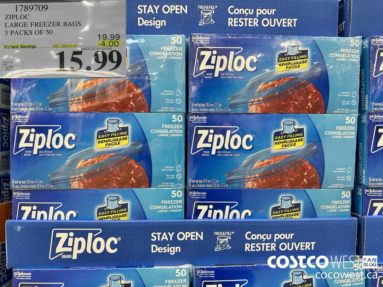 1789709 ZIPLOC LARGE FREEZER BAG 3 X 50 2025-01-9 ($4.00 INSTANT SAVINGS EXPIRES ON 2025-01-19) $15.99