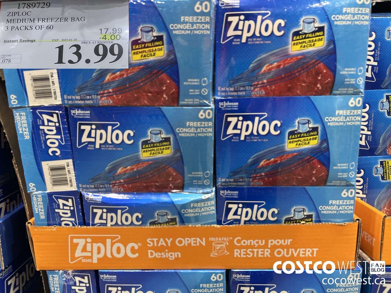 1789729 ZIPLOC MEDIUM FREEZER BAG 3 x 60 ($4.00 INSTANT SAVINGS EXPIRES ON 2025-01-19) $13.99