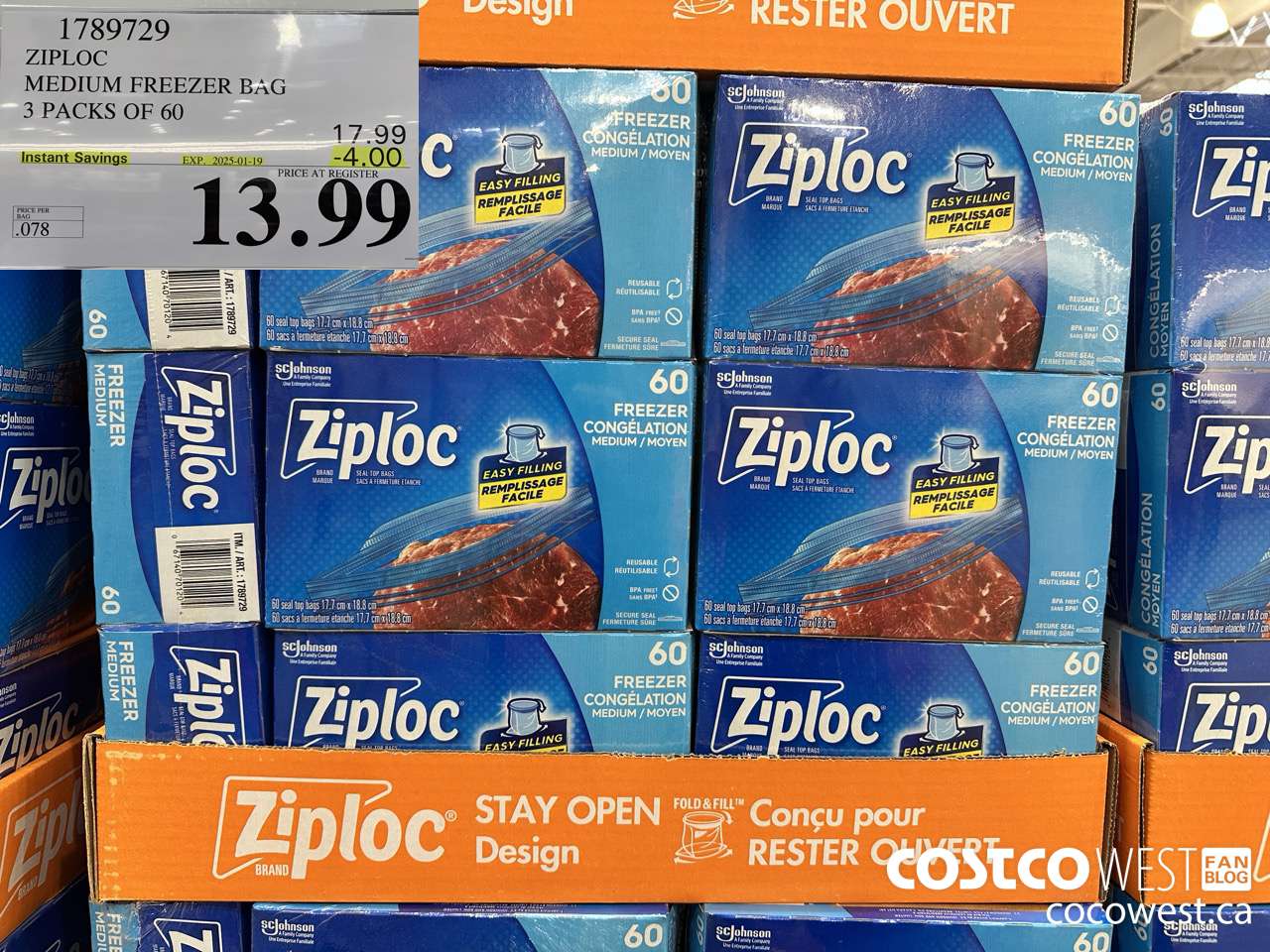 1789729 ZIPLOC MEDIUM FREEZER BAG 3 x 60 ($4.00 INSTANT SAVINGS EXPIRES ON 2025-01-19) $13.99