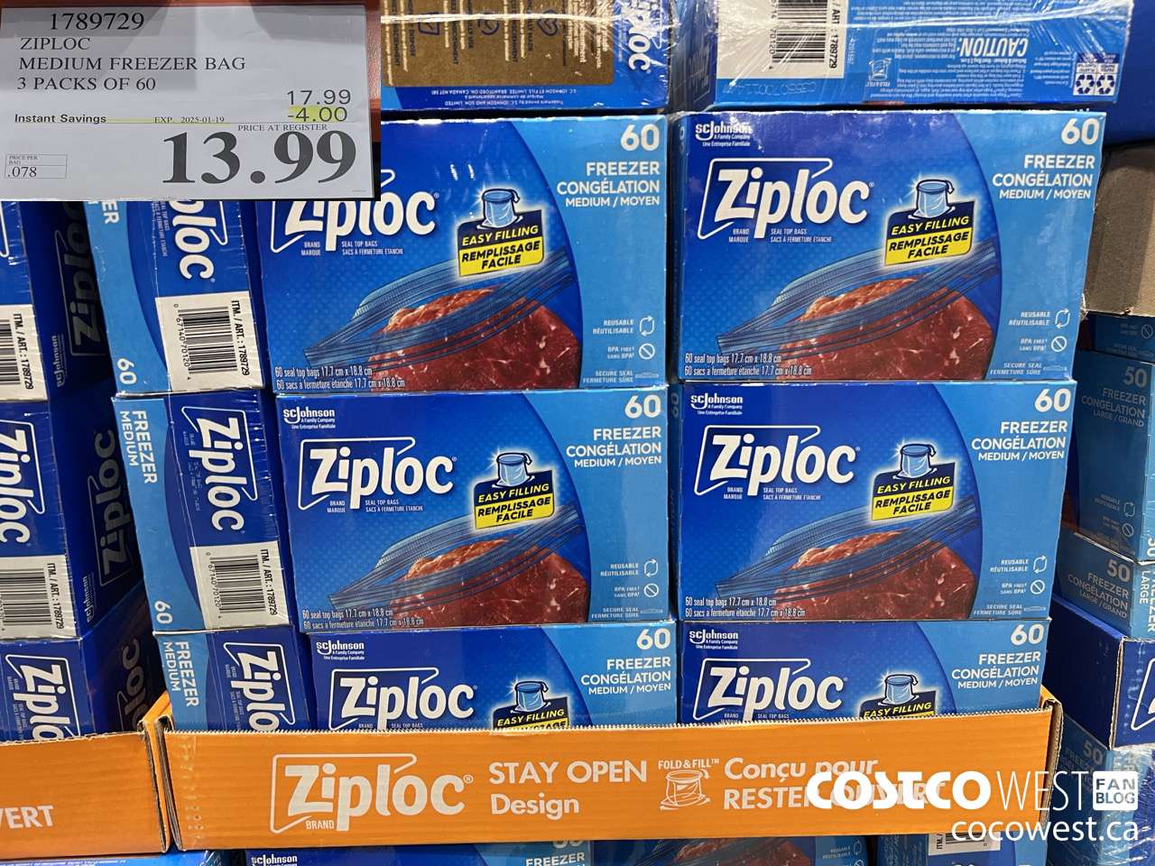 1789729 ZIPLOC MEDIUM FREEZER BAG 3 x 60 ($4.00 INSTANT SAVINGS EXPIRES ON 2025-01-19) $13.99
