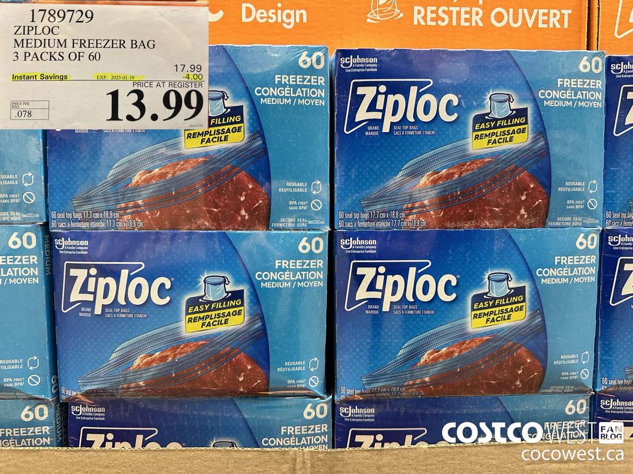 1789729 ZIPLOC MEDIUM FREEZER BAG 3 x 60 ($4.00 INSTANT SAVINGS EXPIRES ON 2025-01-19) $13.99