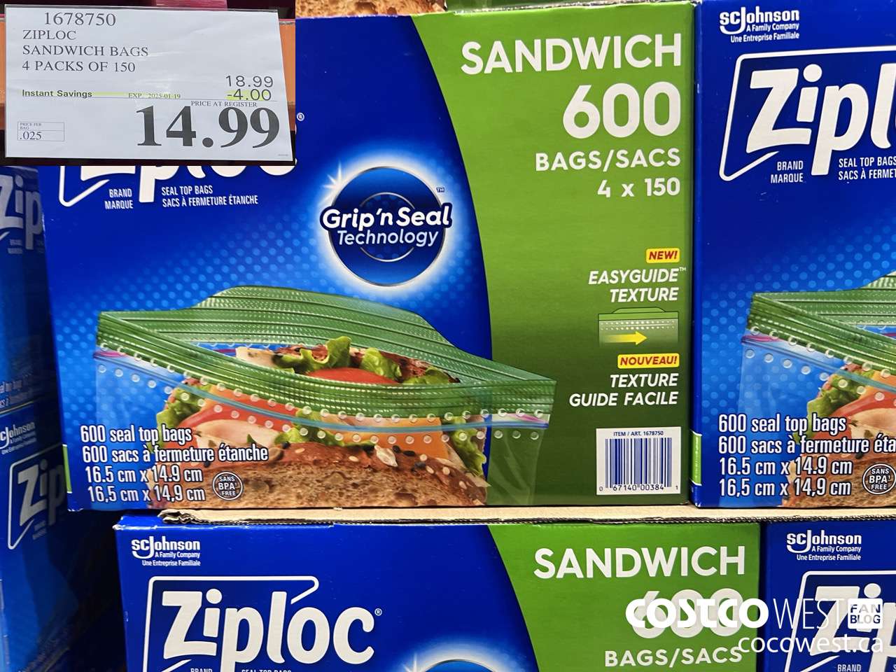 1678750 ZIPLOC SANDWICH BAGS 4 X 150 ($4.00 INSTANT SAVINGS EXPIRES ON 2025-01-19) $14.99