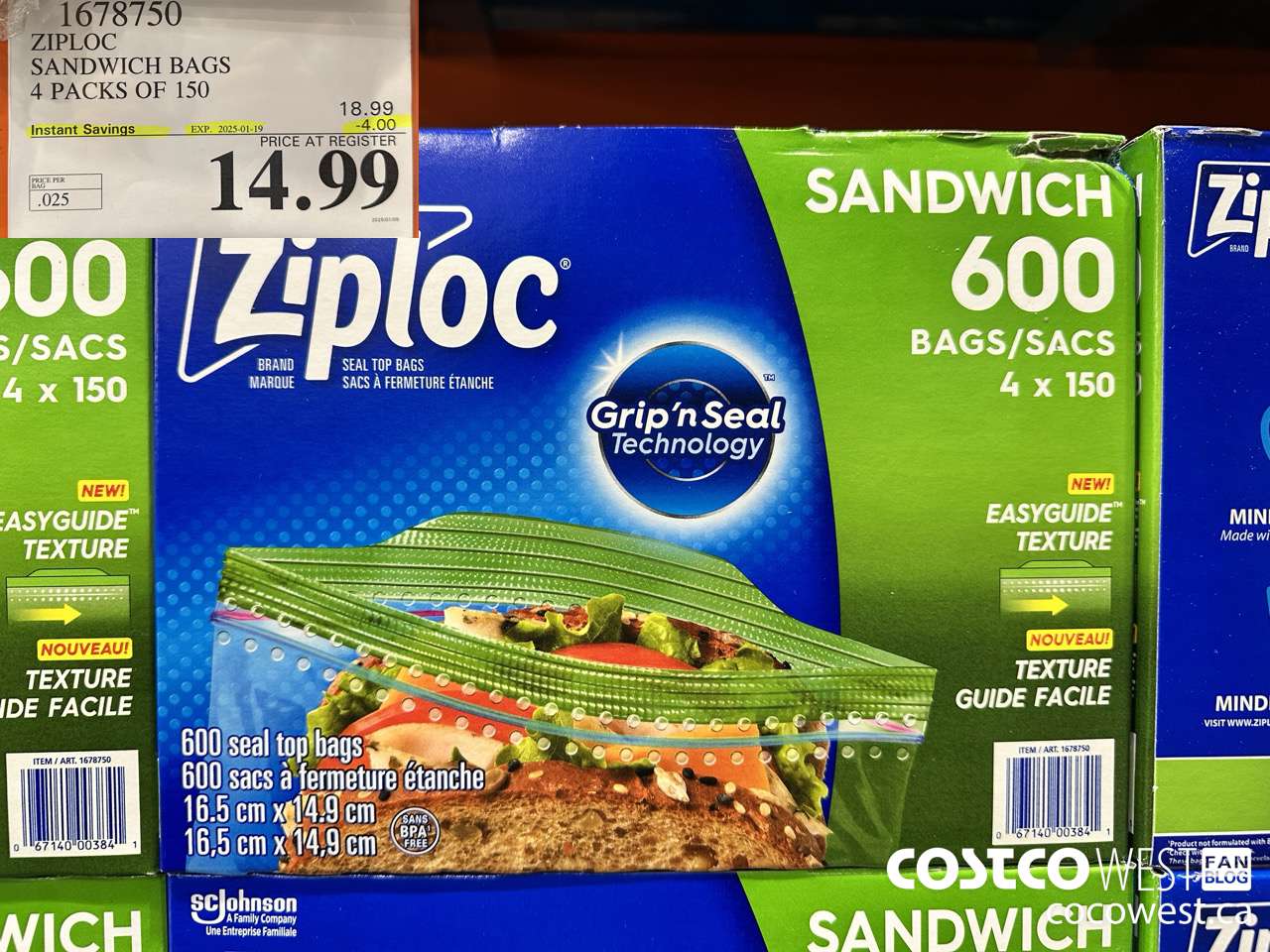 1678750 ZIPLOC SANDWICH BAGS 4 X 150 ($4.00 INSTANT SAVINGS EXPIRES ON 2025-01-19) $14.99