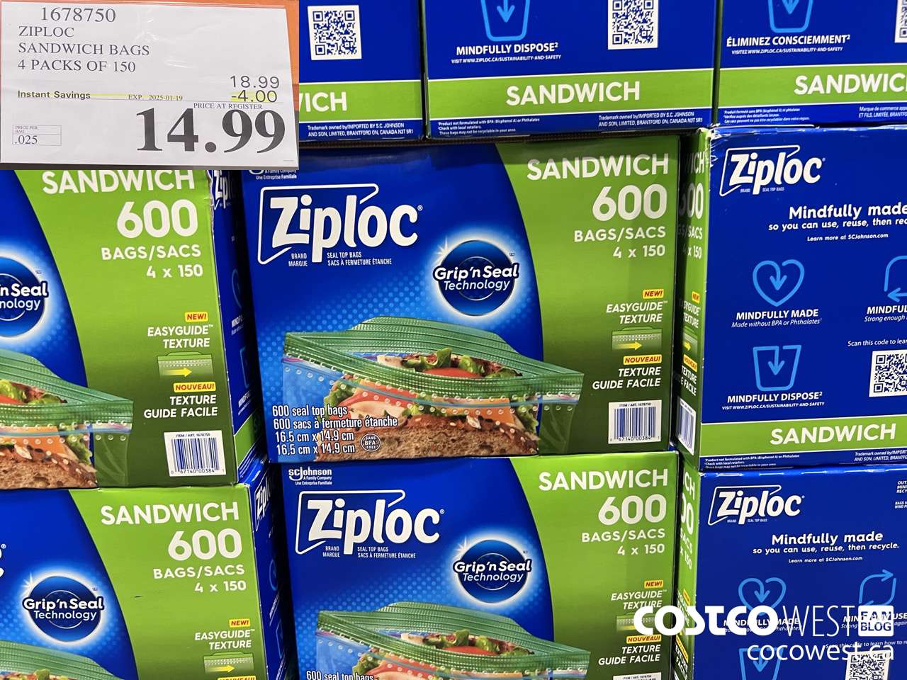 1678750 ZIPLOC SANDWICH BAGS 4 X 150 ($4.00 INSTANT SAVINGS EXPIRES ON 2025-01-19) $14.99