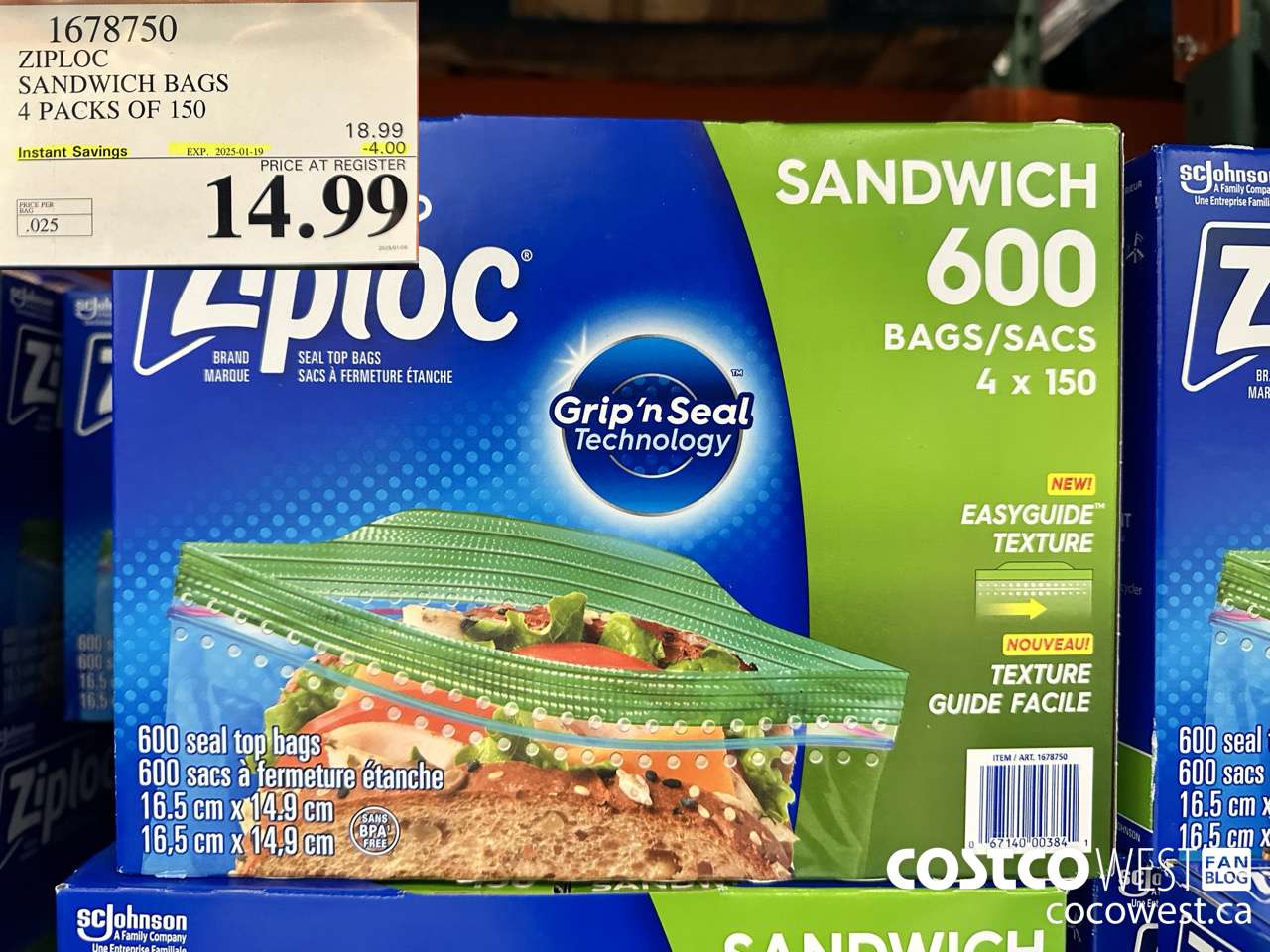 1678750 ZIPLOC SANDWICH BAGS 4 X 150 ($4.00 INSTANT SAVINGS EXPIRES ON 2025-01-19) $14.99