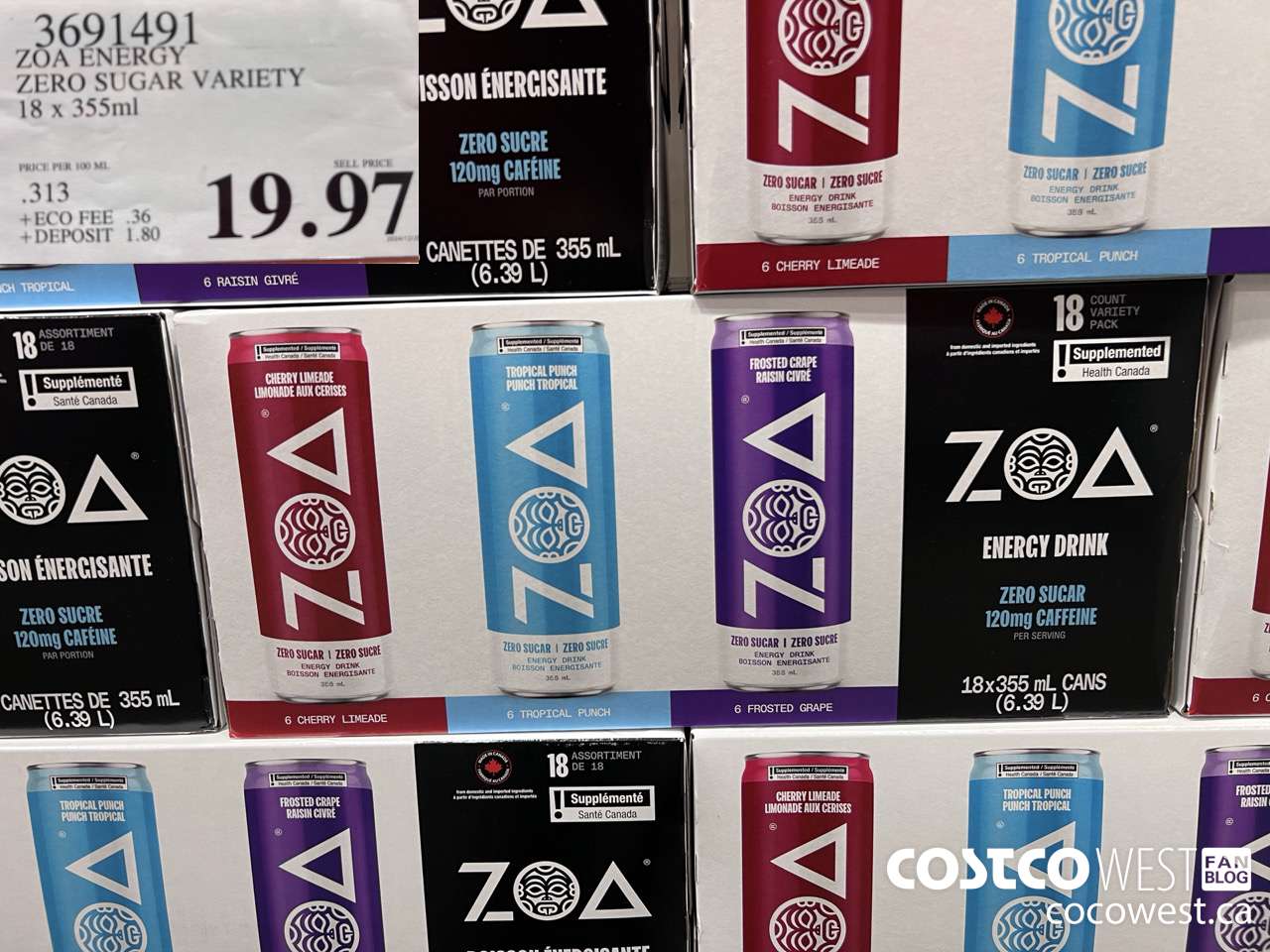 3691491 ZOA ENERGY ZERO SUGAR VARIETY 18 X 355ML $19.97