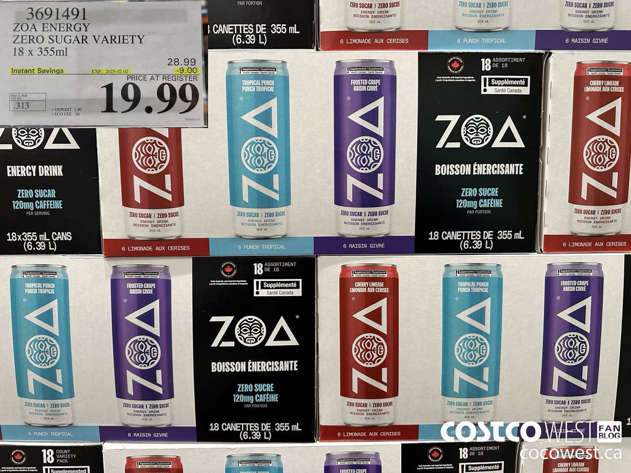 3691491 ZOA ENERGY ZERO SUGAR VARIETY 18 X 355ML ($9.00 INSTANT SAVINGS EXPIRES ON 2025-02-02) $19.99