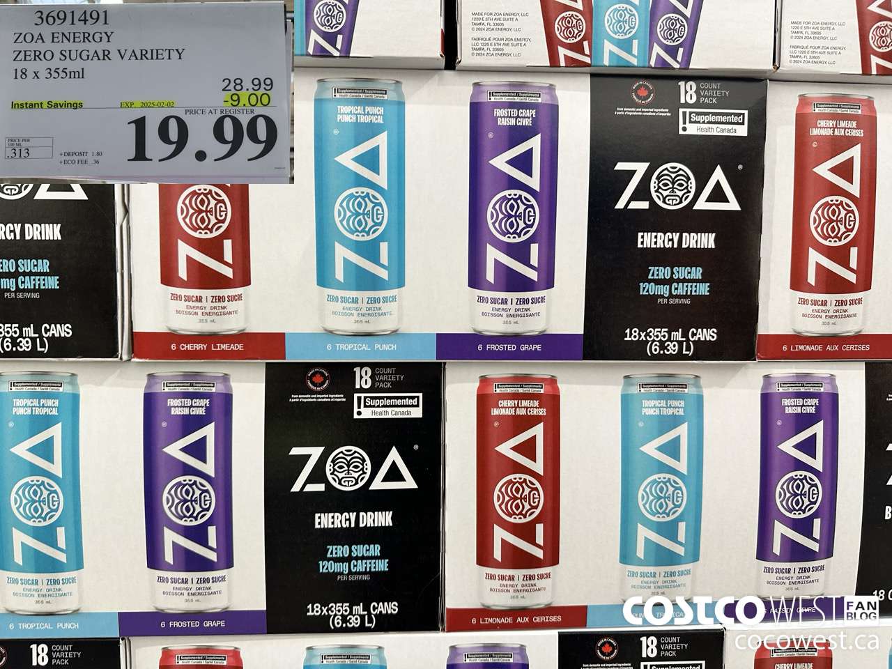 3691491 ZOA ENERGY ZERO SUGAR VARIETY 18 X 355ML ($9.00 INSTANT SAVINGS EXPIRES ON 2025-02-02) $19.99