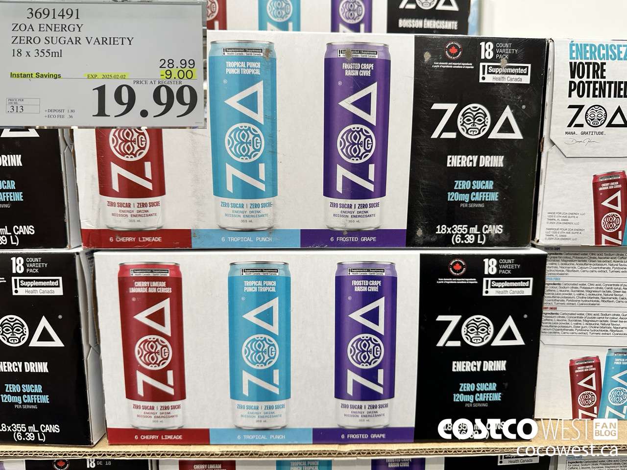 3691491 ZOA ENERGY ZERO SUGAR VARIETY 18 X 355ML ($9.00 INSTANT SAVINGS EXPIRES ON 2025-02-02) $19.99