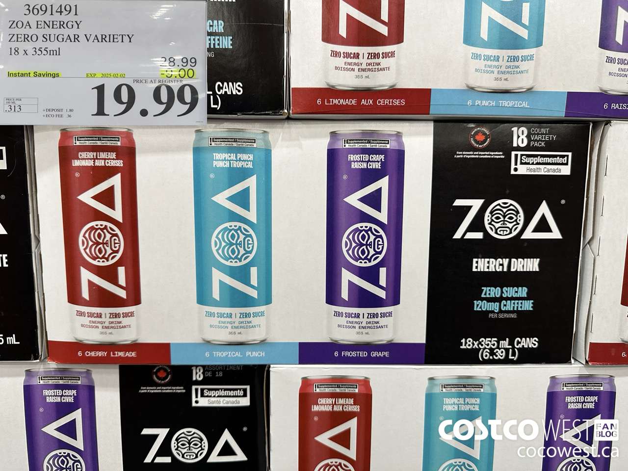 3691491 ZOA ENERGY ZERO SUGAR VARIETY 18 X 355ML ($9.00 INSTANT SAVINGS EXPIRES ON 2025-02-02) $19.99