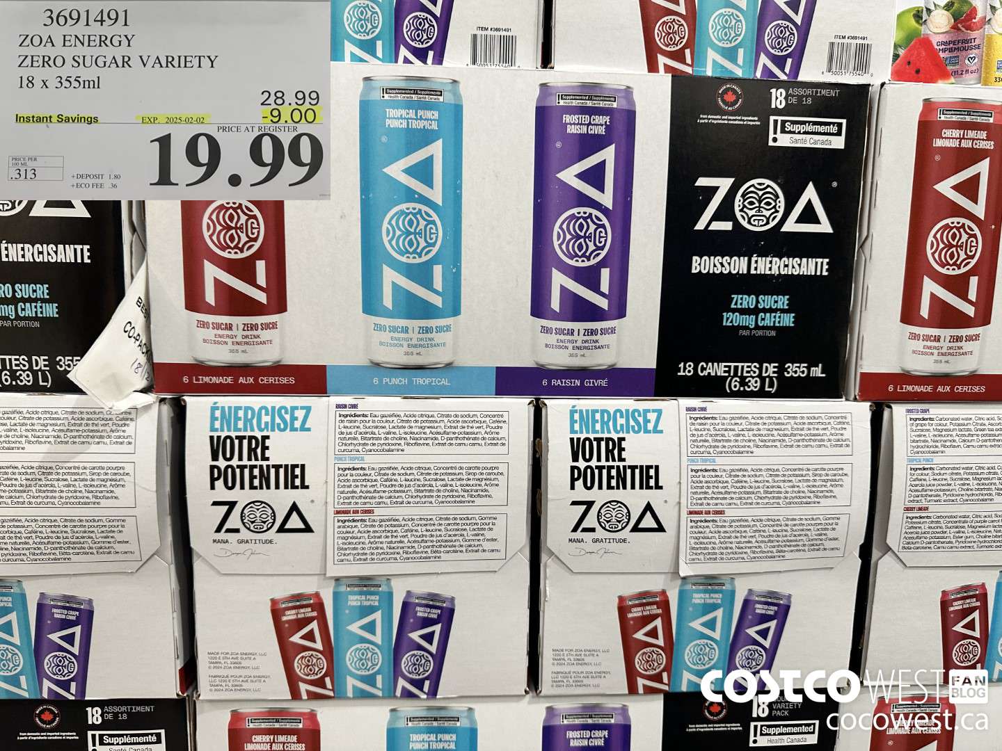 3691491 ZOA ENERGY ZERO SUGAR VARIETY 18 X 355ML ($9.00 INSTANT SAVINGS EXPIRES ON 2025-02-02) $19.99