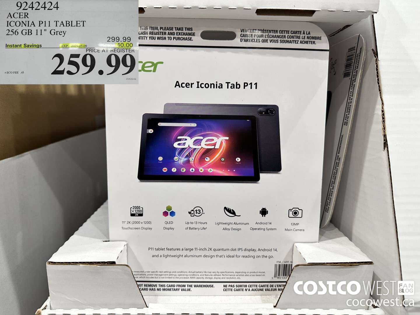 9242424 ACER ICONA 11IN TABLET 256GB GREY ($40.00 INSTANT SAVINGS EXPIRES ON 2025-03-09) $259.99