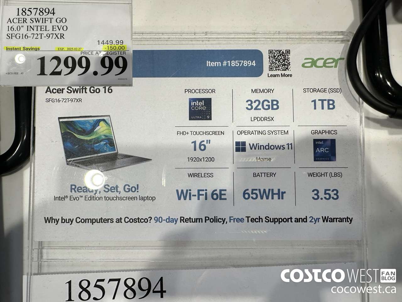 1857894 ACER SWIFT GO 16-IN INTEL EVO LAPTOP SFG16-72T-97XR ($150.00 INSTANT SAVINGS EXPIRES ON 2025-02-27) $1299.99