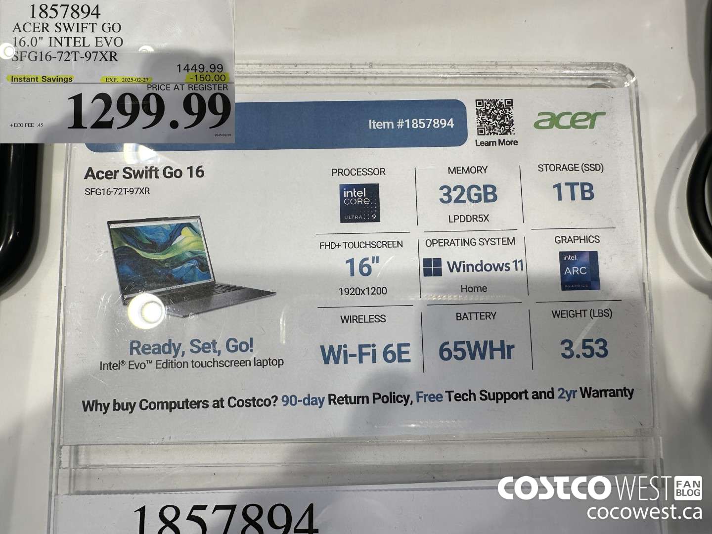 1857894 ACER SWIFT GO 16-IN INTEL EVO LAPTOP SFG16-72T-97XR ($150.00 INSTANT SAVINGS EXPIRES ON 2025-02-27) $1299.99