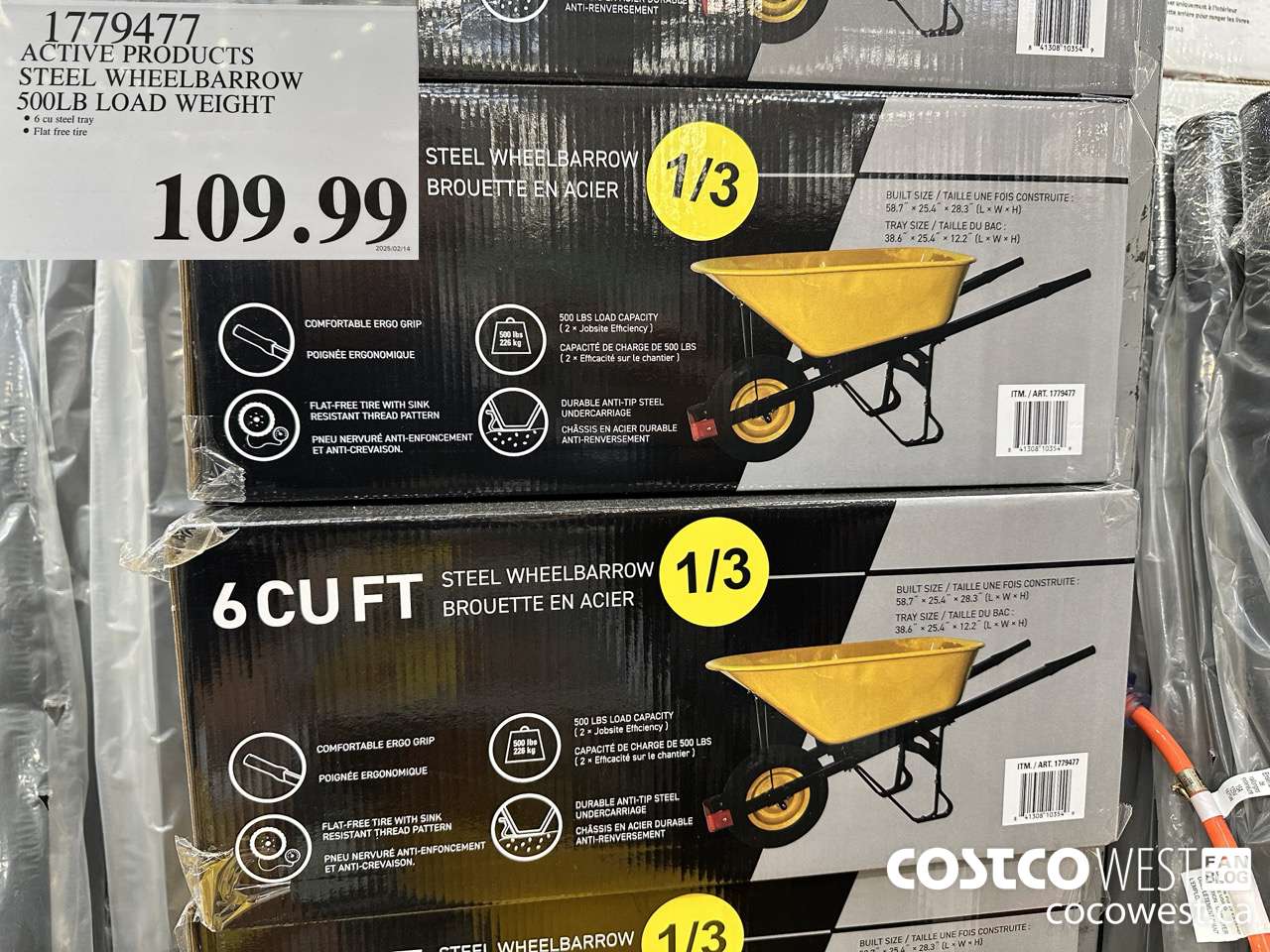 1779477 ACTIVE PRODUCTS STEEL WHEELBARROW 500LB LOAD WEIGHT $109.99