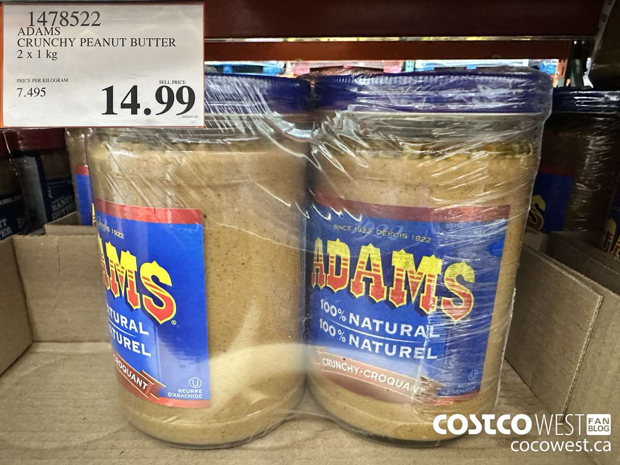 1478522 ADAMS CRUNCHY PEANUT BUTTER 2 X 1 KG $14.99