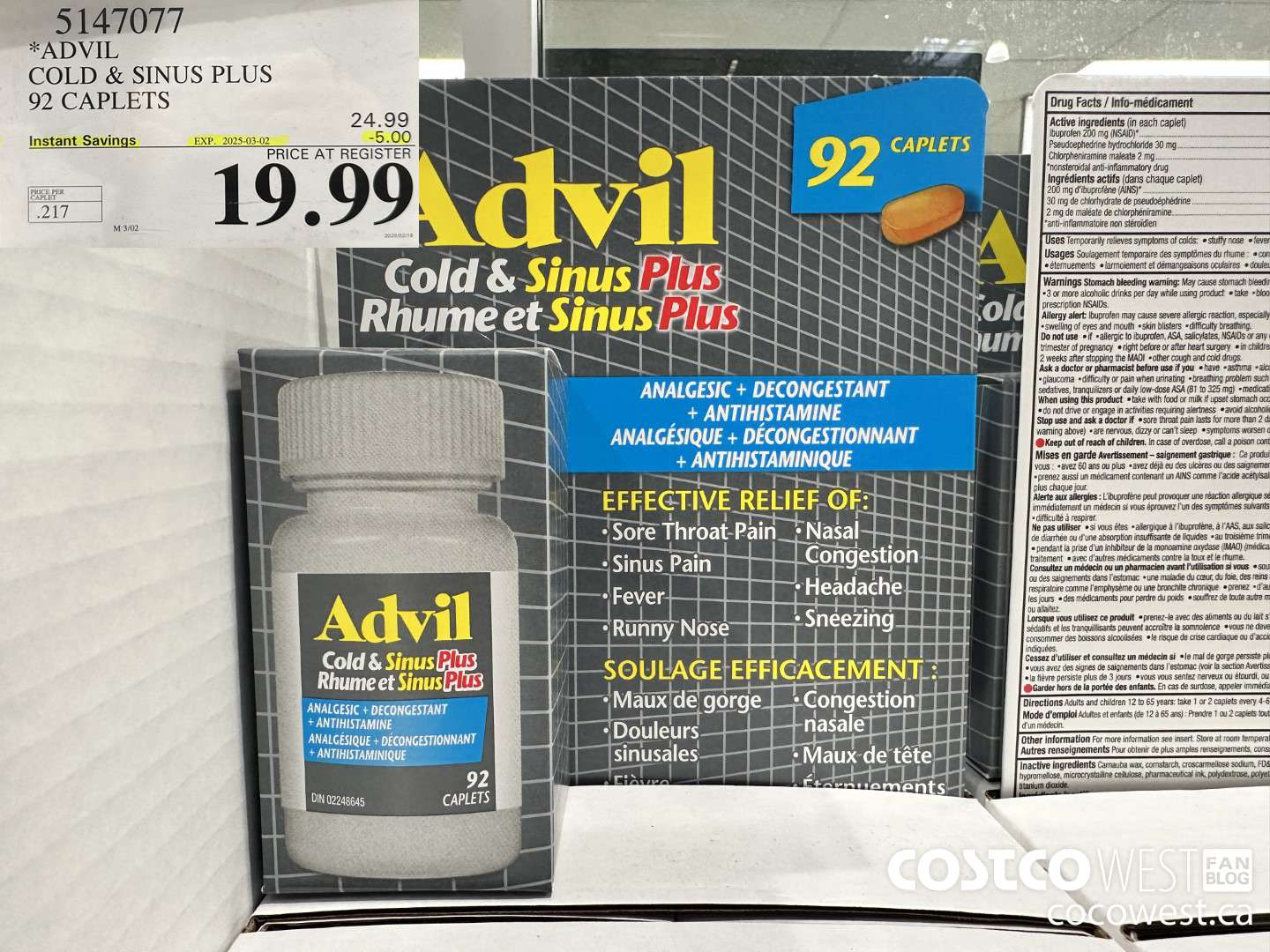 5147077 ADVIL COLD & SINUS PLUS 92 CAPLETS ($5.00 INSTANT SAVINGS EXPIRES ON 2025-03-02) $19.99