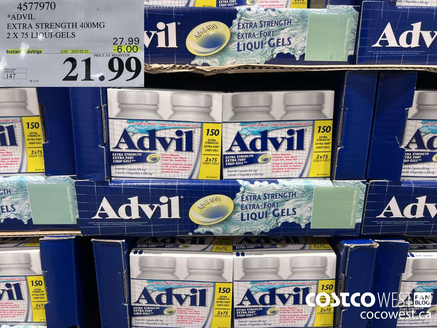 4577970 ADVIL EXTRA STRENGTH 400MG 2 X 75 LIQUI-GELS ($6.00 INSTANT SAVINGS EXPIRES ON 2025-02-23) $21.99