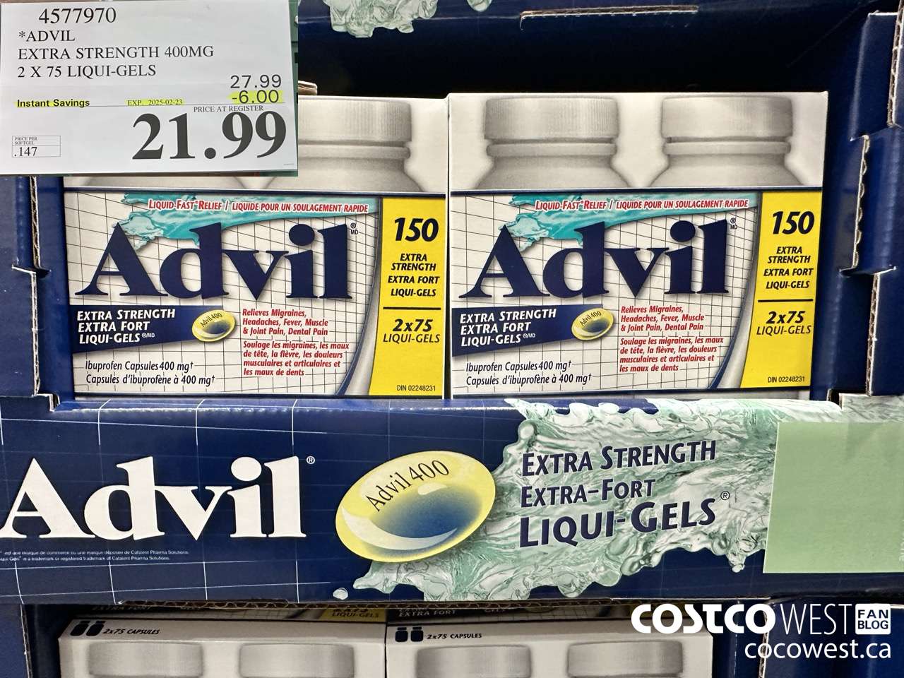 4577970 ADVIL EXTRA STRENGTH 400MG 2 X 75 LIQUI-GELS ($6.00 INSTANT SAVINGS EXPIRES ON 2025-02-23) $21.99