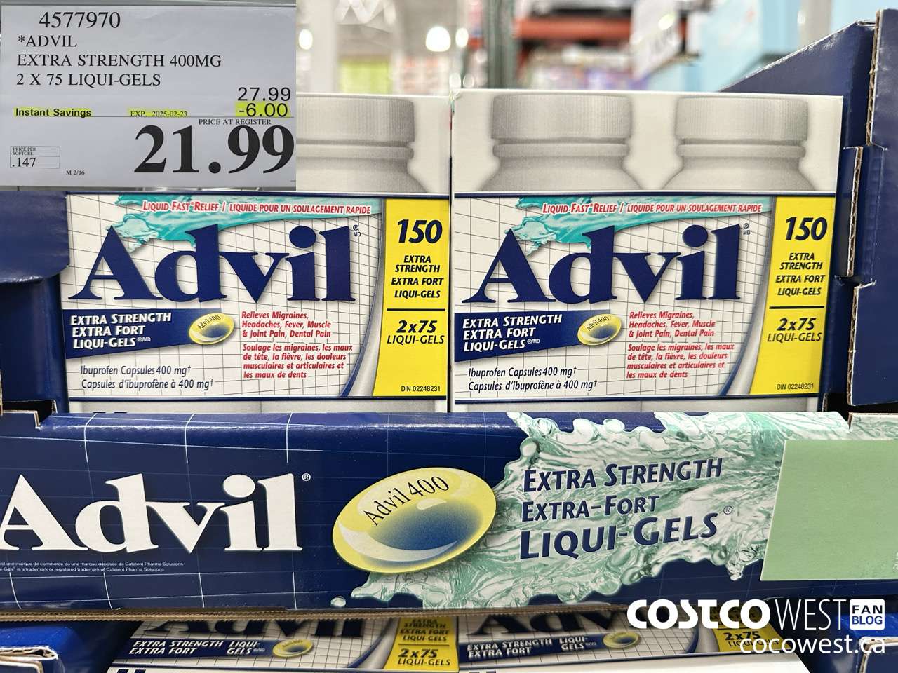 4577970 ADVIL EXTRA STRENGTH 400MG 2 X 75 LIQUI-GELS ($6.00 INSTANT SAVINGS EXPIRES ON 2025-02-23) $21.99