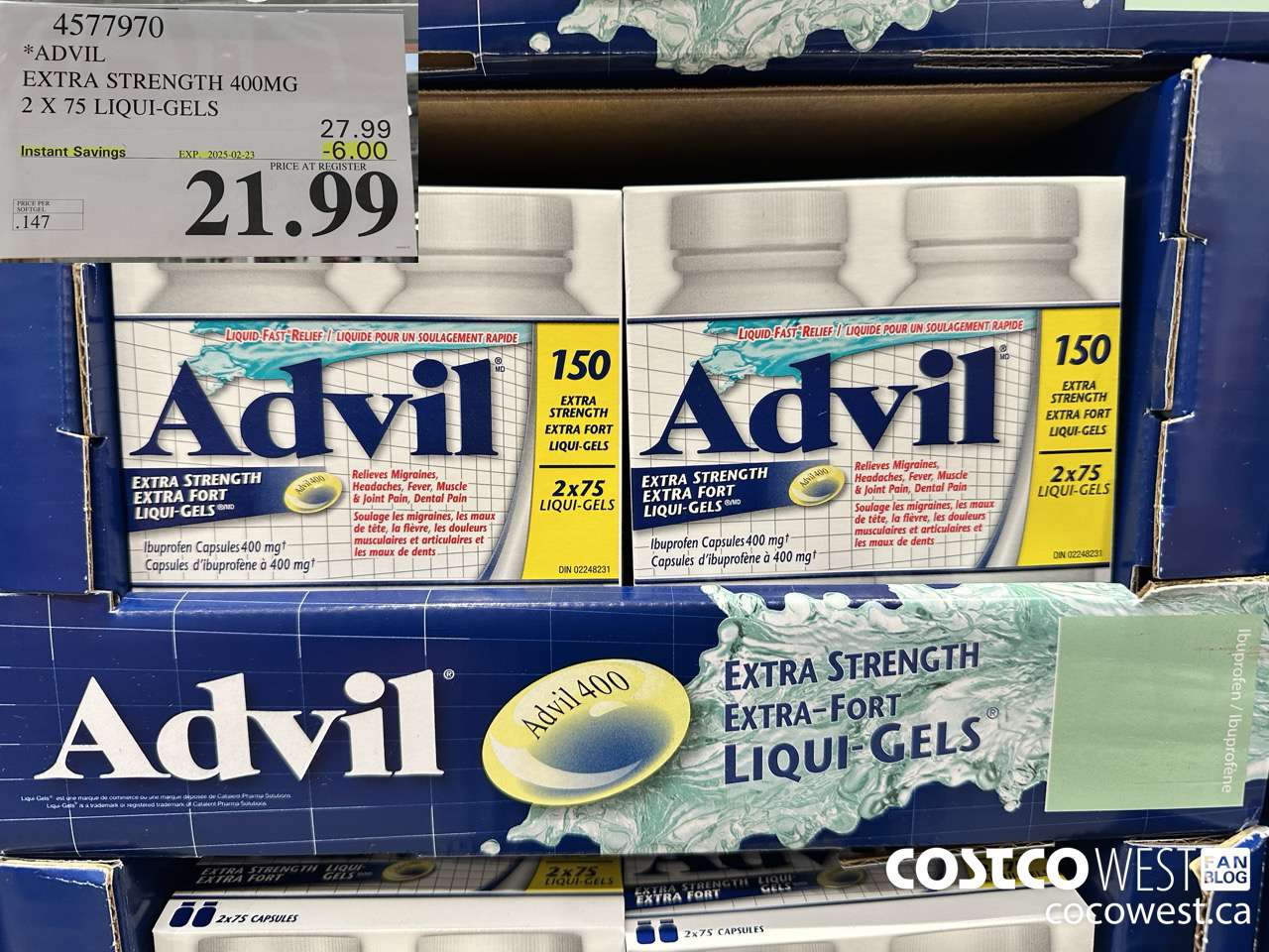 4577970 ADVIL EXTRA STRENGTH 400MG 2 X 75 LIQUI-GELS ($6.00 INSTANT SAVINGS EXPIRES ON 2025-02-23) $21.99