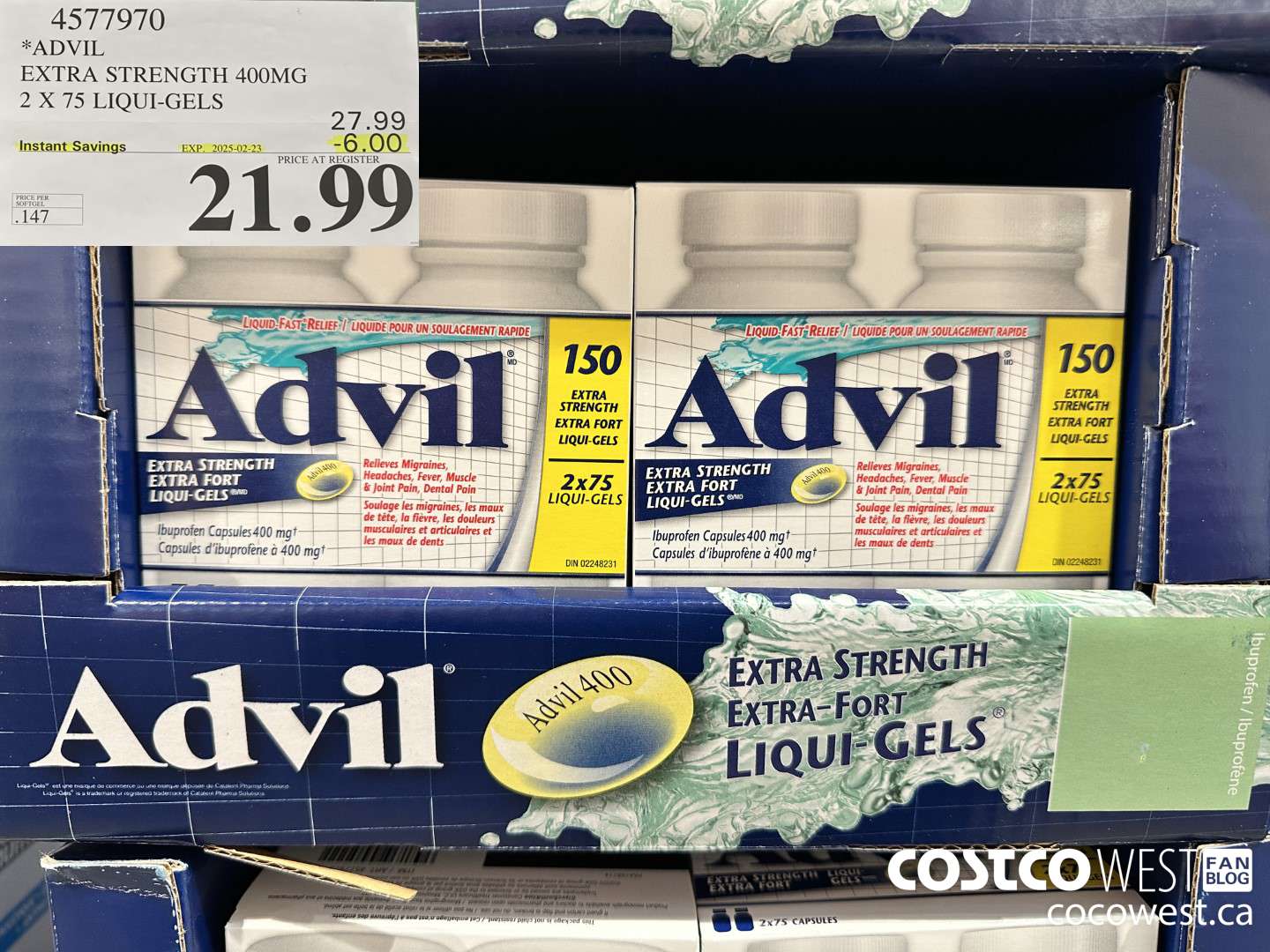 4577970 ADVIL EXTRA STRENGTH 400MG 2 X 75 LIQUI-GELS ($6.00 INSTANT SAVINGS EXPIRES ON 2025-02-23) $21.99