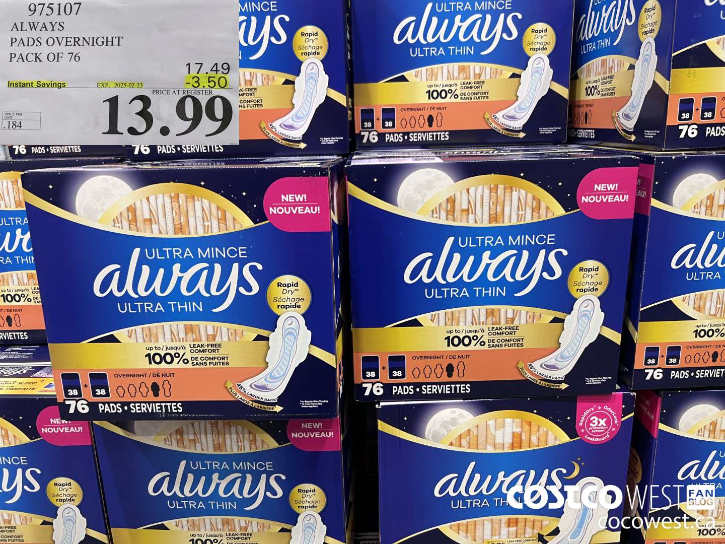 975107 ALWAYS ULTRA THIN PADS OVERNIGHT BOX OF 76 ($3.50 INSTANT SAVINGS EXPIRES ON 2025-02-23) $13.99