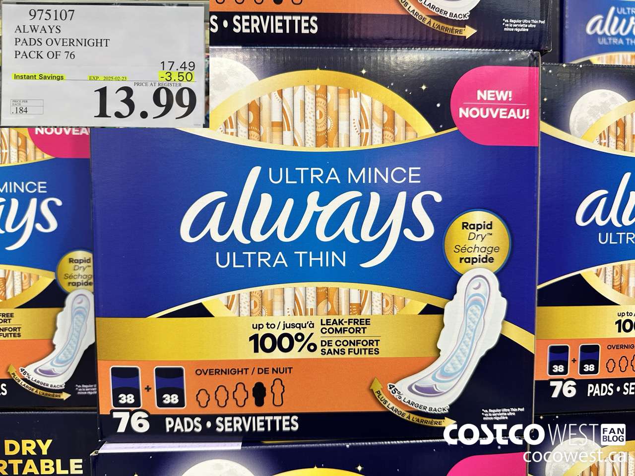 975107 ALWAYS ULTRA THIN PADS OVERNIGHT BOX OF 76 ($3.50 INSTANT SAVINGS EXPIRES ON 2025-02-23) $13.99